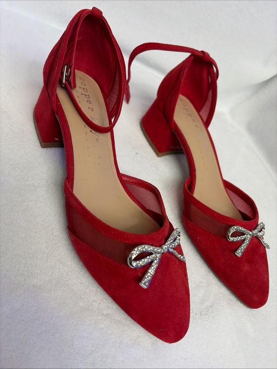 Copper Key Shoes - Copper Key Red Suede Pointed-Toe Ankle-Strap Heels with Rhinestone Bow